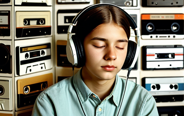 Nostalgic Music Listener**
A young person, fully clothed in modest attire, headphones on, eyes closed, listening intently to music. The background shows faded photographs and cassette tapes, suggesting nostalgia. Soft, warm lighting. Safe for work. Appropriate content. Perfect anatomy. Natural proportions. Professional, family-friendly. High quality, detailed textures, photo-realistic.
**
